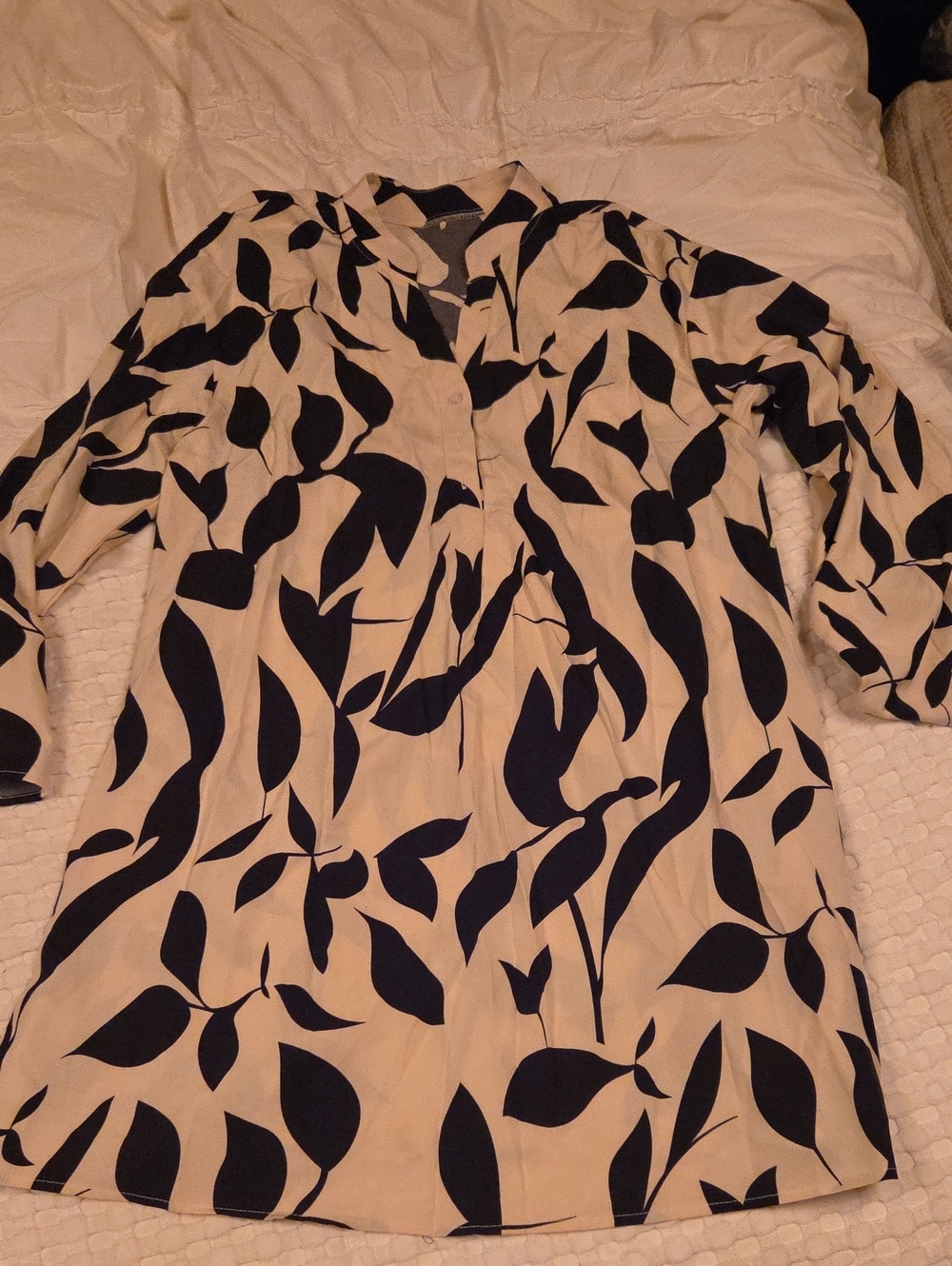 SHEIN Beige Tunic Dress with Black Leaf Print